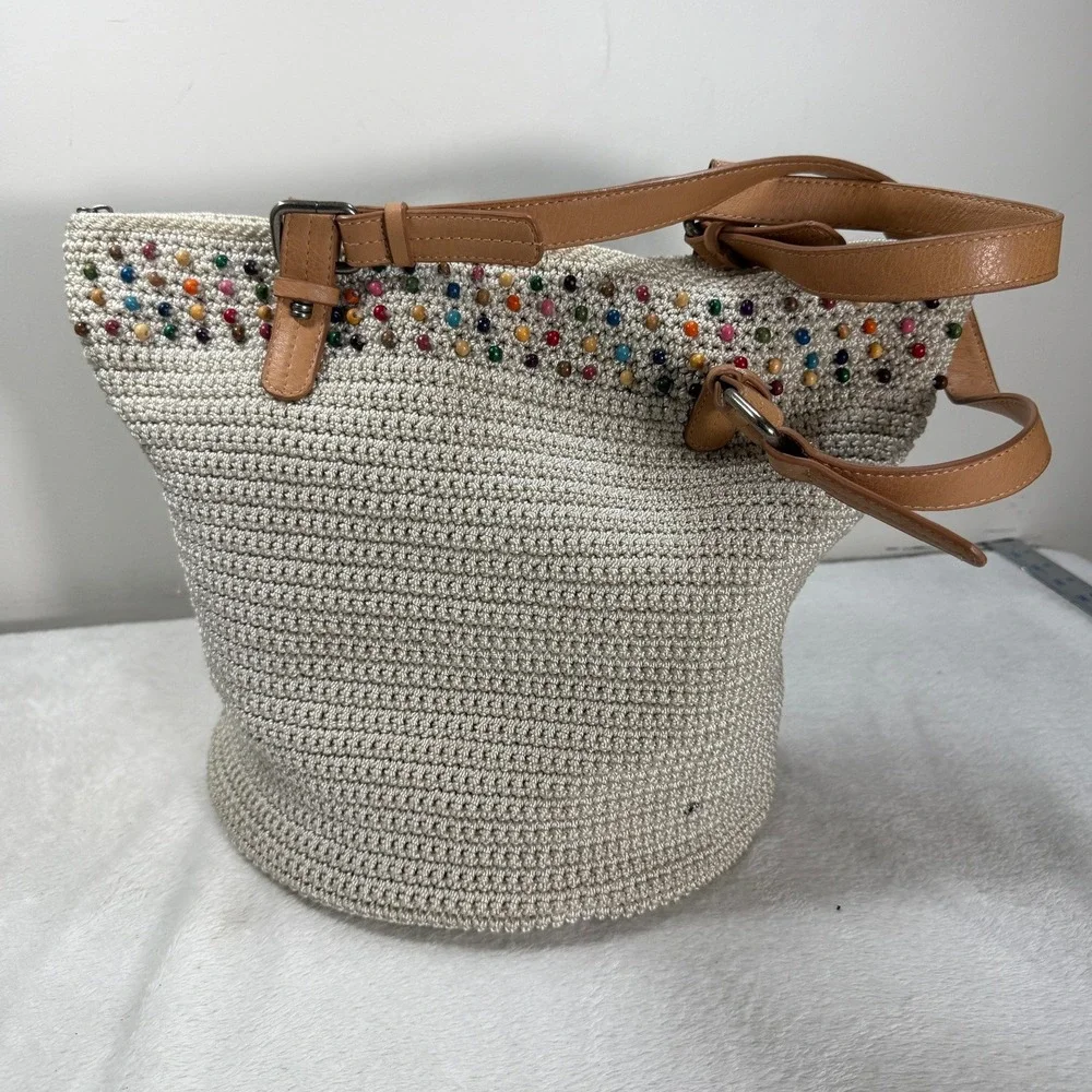 The Sak Crochet Beaded Boho Bucket Bag Lt Gray Woven Multi Color Tote Straps